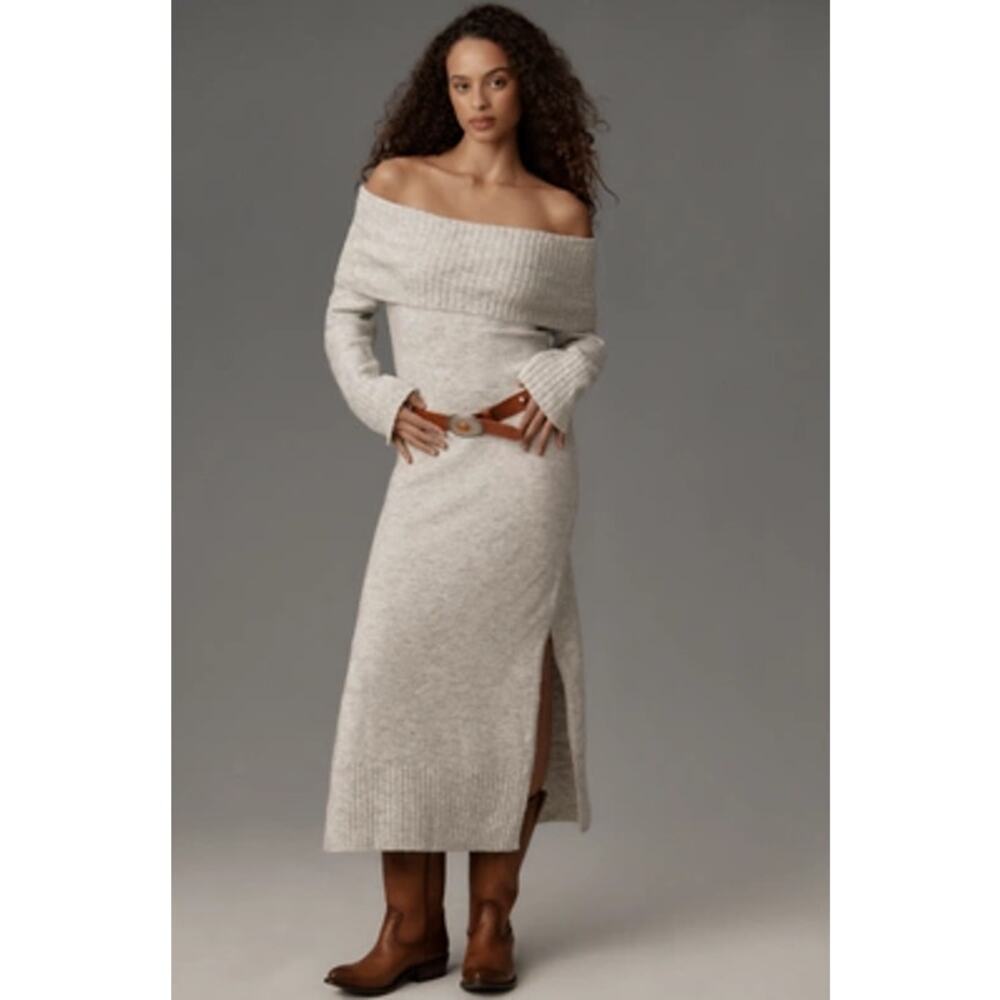 Anthropologie Off-Shoulder Cream Midi Sweater Dress